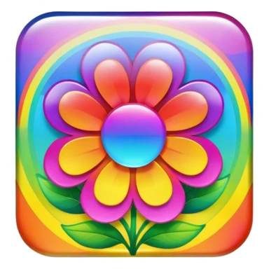 Beveled square shaped psychedelic colored button with rainbow colored flowers in the center sticker