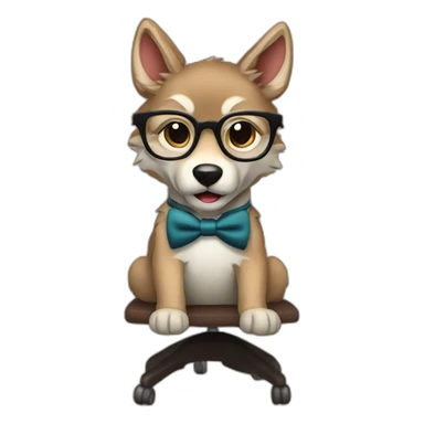 a wolf cub with glasses and a bow tie sits on a chair with a computer. sticker