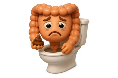 emoji stile iphone di un intestino realistico 3d che esce dal wc con in mano una montagnetta di feci con espressione triste a palline, iperrealistico 4k sticker