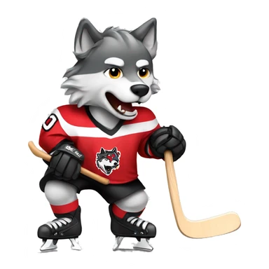 A wolf in a red black and white hockey uniform with a wolf emblem is playing hockey sticker