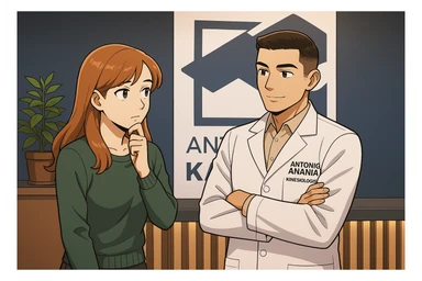 su questo stile fai un manga/webtoon a colori in cui una donna SI TOCCA IL MENTO CON L'INDICE MENTRE ASCOLTA PENSIEROSA L'UOMO, l'uomo della foto in stile manga LE SPIEGA CHE DEVE PROVARE LA SUA VALUTAZIONE MEDICA, mantieni un ambiente simile alla foto che ho allegato con il suo logo (sarebbe il suo studio, lui è un kinesiologo), scrivigli "ANTONIO ANANIA" sul camice bianco, non mettere fumetti, ma fai in modo che sembri che la donna ASCOLTI l'uomo sticker