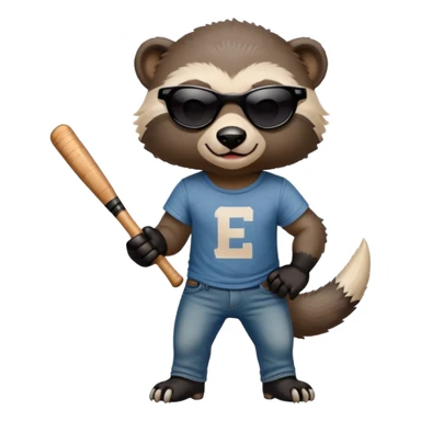 mischievous anthropomorphised honey badger in jeans and a t-shirt, wearing sunglasses, holding a baseball bat sticker