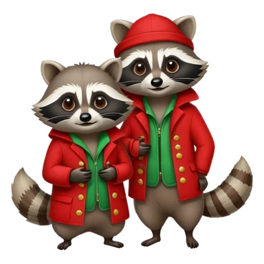 One raccoon wearing red and one raccoon wearing green sticker