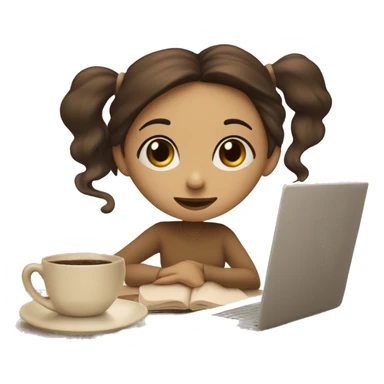 Half face of a girl at the laptop. A a cup of coffee on the left side of the table. Books on the right side of the table. in beige tones sticker