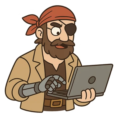 a pirate with a robotic arm, holding a laptop, wearing a bandana and eye patch, digital era pirate, cartoon style sticker