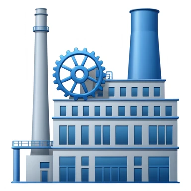 "A minimalist vector icon of a modern manufacturing factory building with a gear symbol above it. Blue and grey color scheme, flat design, white background, simple thick lines, professional business logo style." sticker