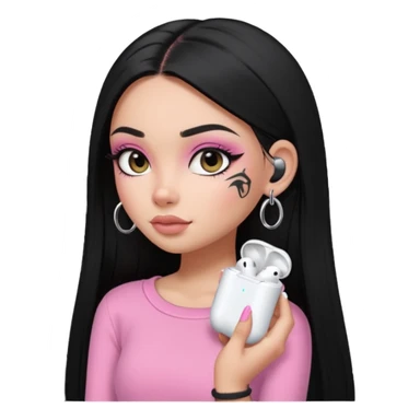 generate a pretty bratz girl with black long straight hair and airpods on, tattoo on shoulder, eyeliner on sticker