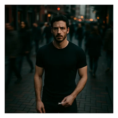 Cinematic overhead shot, no headphones, black shirt, athletic and fit subject from the reference image, standing still on a brick city sidewalk. Motion-blurred crowd, moody lighting, 35mm film look, shallow depth of field, sharp focus. Urban, cinematic. Render in a style suitable for cinematic photography with moody lighting and shallow depth of field. sticker