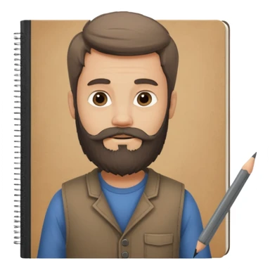 Bearded man  drawing boy character with charcoal in sketchbook sticker