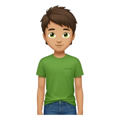 A 14 yerar old teenage boy, tanned, wearing a green t-shirt , blue jeans and green sneakers with dark brown tousled hair, smirking sticker