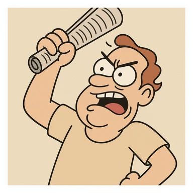 a hand holding a rolled up newspaper, raised and ready to smack someone on the head, exaggerated pose, playful and expressive, cartoon style sticker