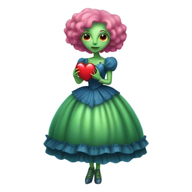 a green alien woman in Victorian blue dress, pink hair,holdig, red big hearth, full body sticker