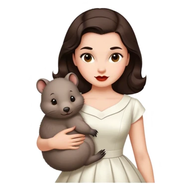 Beautiful woman in 1950’s woman fashion look, white dress, long dark brown hair, wombat sticker