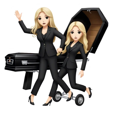 Two woman in black pants suits with long hair punching a stretcher with a coffin on in to a black Mercedes Vito  sticker