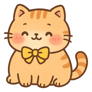 cute chubby cat with a yellow bow, orange tabby fur, blushing cheeks, kawaii style sticker