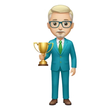 Full Body white male husky in body type  wearing glasses with a goatee with light blonde gray very short hair basketball head Coach in blue and green suit holding trophy sticker