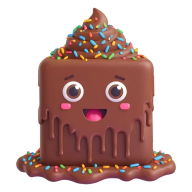 Rectangular chocolate mini pastry, messy chocolate dripping, sprinkles flying, surprised eyes, open mouth, text above: "ПАСТИЧКА", chibi style, Twitch emoji style, transparent background, colorful
 sticker