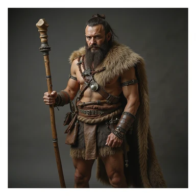 ancient hunter with animal skin clothing and wooden club, photorealistic style sticker