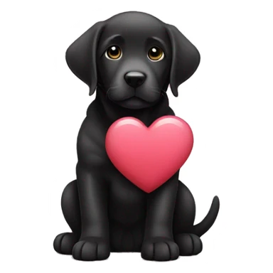 sitting black labrador puppy is holding a heart sticker