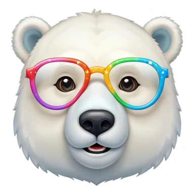 close up headshot of a friendly anthropomorphised polar bear wearing oversized colorful star glasses sticker