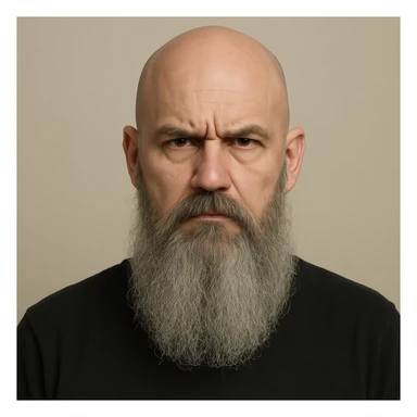 a bald man with a long grey beard, serious face, plain background sticker