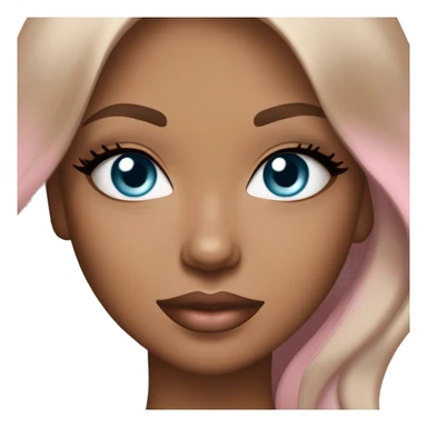 A beautiful woman with ice blue eyes with long eyelashes, tan skin, pink lips and medium layered hair that is brunette with caramel balayage  sticker