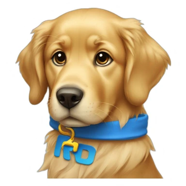 golden retriever with blue t-shirt with the letter r sticker