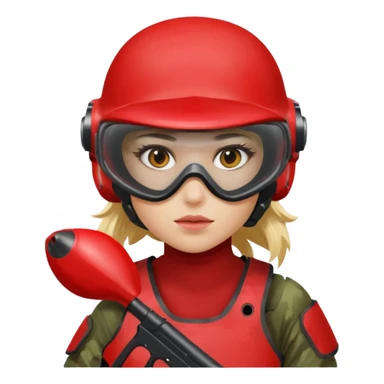blond girl playing paintball with red paintball helmet with eye protection, only face sticker