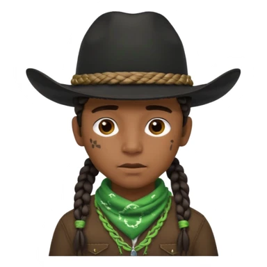 Black boy with 3 braids on each side of face wearing a black cowboy hat with green bandana around his neck sticker