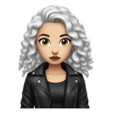 White girl, with long curly black hair, black winged eyeliner, wearing black shirt and black leather jacket, rolling her eyes annoyed sticker