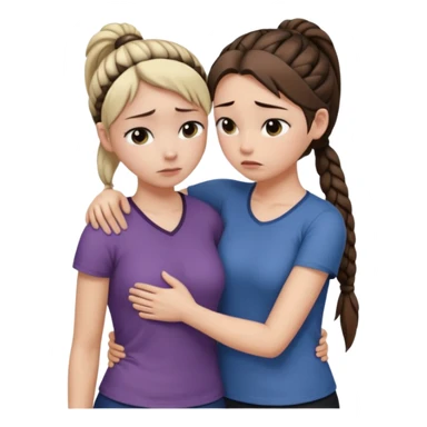 Comforting Hug two white skin women, one shorter woman with brown simple top ponytail, not braided, and one taller sad woman with a single long black side braid sticker