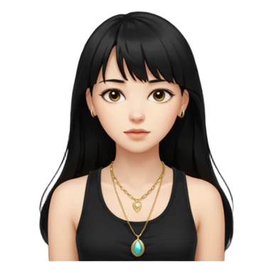 alrighht here’s just the person described for your emoji ai prompt:

> young woman, long black hair with bangs, soft expression, wearing a black tank top and gold necklace, confident pose, natural beauty, warm lighting on face, slightly tousled hair



lmk if u want it more detailed or stylized 🔥
 sticker