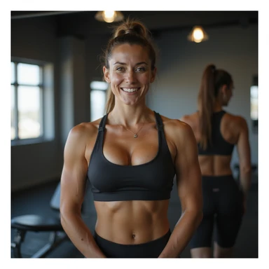 hyperrealistic 4K image of a proud woman showing her toned muscles in sportswear, posing confidently in front of a gym mirror, motivational atmosphere, detailed fitness progress sticker