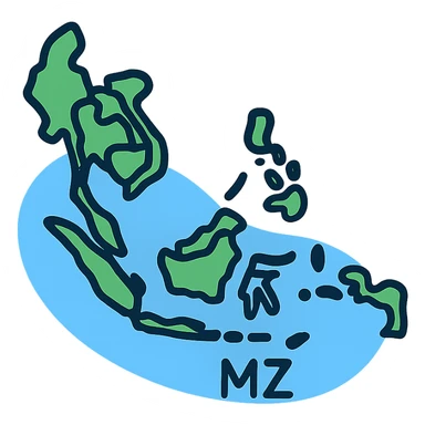 Southeast Asia map zone, minimalist, blue and green, labeled MZ, icon or logo style sticker