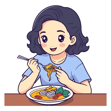 Pale girl with Black wavy hair eating Thai food sticker