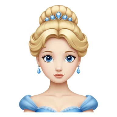 Cinematic Realistic Noble Cinderella Portrait, depicted with porcelain skin rendered in lifelike detail and soft, natural lighting that highlights every delicate nuance. Her intricately styled golden-blonde hair is arranged in an elegant updo, and her deep, expressive blue eyes radiate quiet determination. She wears her classic ball gown with rich fabric textures and delicate folds catching the light beautifully, all set against a subtly glowing, natural background that captures the essence of timeless royal grace. sticker