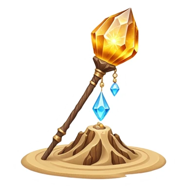 desert sand mage staff object icon, ancient wooden staff, swirling sand crystal on top, glowing golden aura, small floating sand particles, fantasy desert style, 3D cartoon, mobile game icon style, centered, clean background, soft shadow, no text, no watermark
 sticker