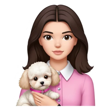 brunette Kendall Jenner with long hair holding on the hands white maltipoo wear on pink collar sticker
