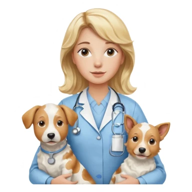 Joven mujer, de cabello bajo los hombros rubio con ondas, veterinaria de perros, vacas y caballos, con traje clínico celeste, sin delantal blanco sticker