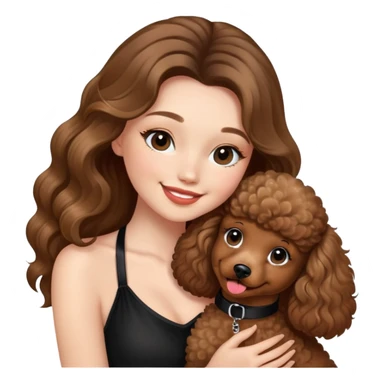a girl with long balayage hair and long lashes, smiling, wearing black halterneck top, and holding and kissing a brown poodle sticker