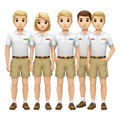 Group of pool attendants. plain white polos, khaki shorts.  sticker