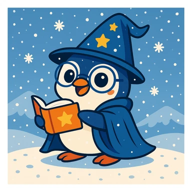 Add falling snowflakes to the scene with the playful penguin wizard and snowy background, keeping the fun and friendly style. sticker