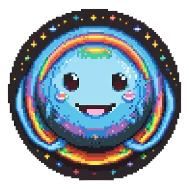 fantasy planet with rainbow rings and a cute smiling face sticker