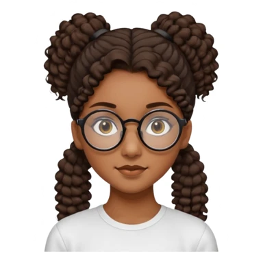 chica morena de ojos claros con gafas negras exagonales redondeadas. y pelo rizado castaño con todo el pelo recogido en una coleta .. Con todo el pelo recogido un clen look solamente una coleta tiene 16 años sticker