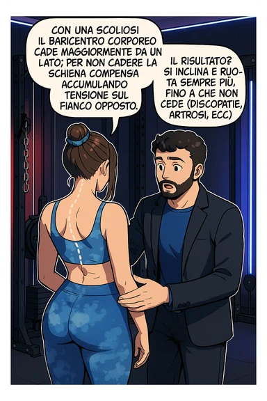 fai questa immagine in versione manga/webtoon a colori, il manga mostra la donna di spalle, mentre l'uomo le tocca la spina dorsale per spiegarle come funziona la scoliosi:
Con una scoliosi il baricentro corporeo cade maggiormente da un lato; per non cadere la schiena compensa accumulando tensione sul fianco opposto.
Il risultato? Si inclina e ruota sempre più, fino a che non cede (discopatie, artrosi, ecc) sticker