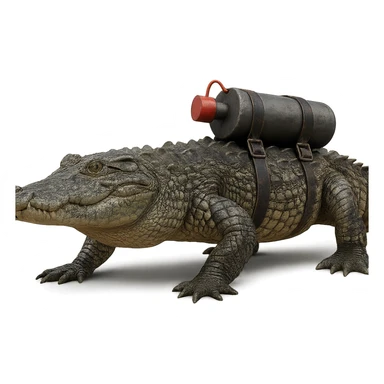 A realistic crocodile with a bomb on its back, detailed scales, serious expression sticker