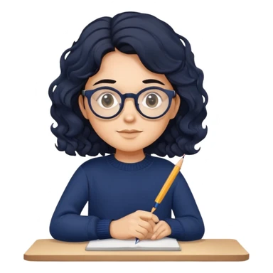Reliable-looking designer with wavy black hair, round glasses, navy blue sweater, organized, holding pen with competent expression sticker