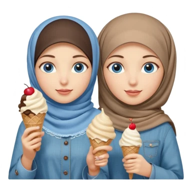 Turkish beautiful finish Konya two girls blue eyes with beige denim hijab islamic dress and had on her hand ice cream sticker