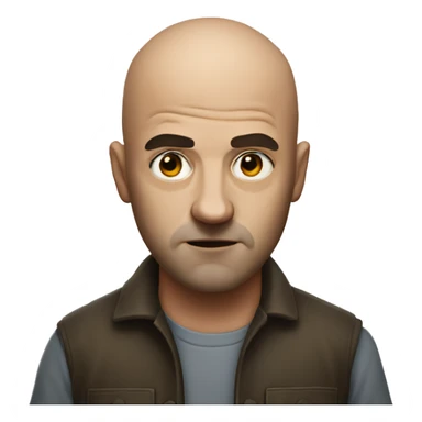 mysterious man, intense stare, photorealistic, bald, used sticker