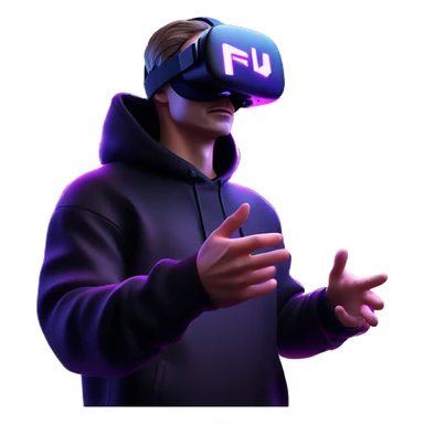 Russian man wearing a black hoodie with "OMG" letters on it and VR headset oculus quest 2 in a cyberpunk VR environment with violet neon lighting. Showing direction with hand sticker